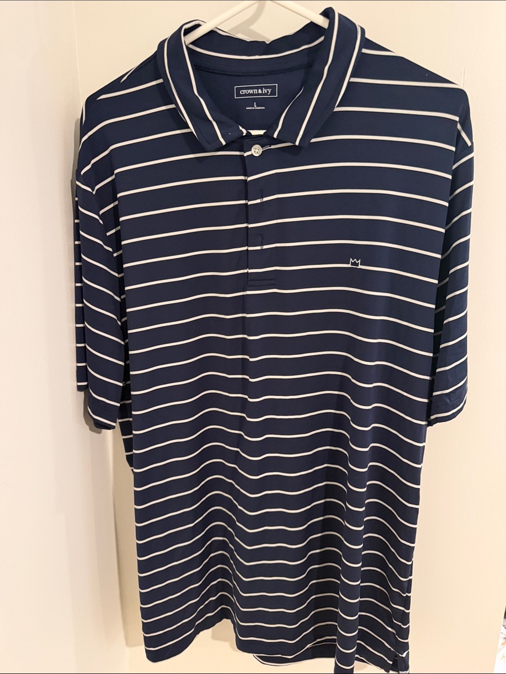 crown & ivy Navy with White Stripe Performance Polo